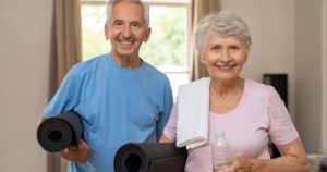 a senior couple getting ready to exercise