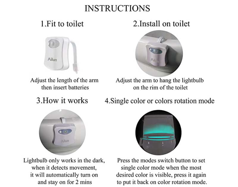 Infographic showing instructions for motion activated toilet light